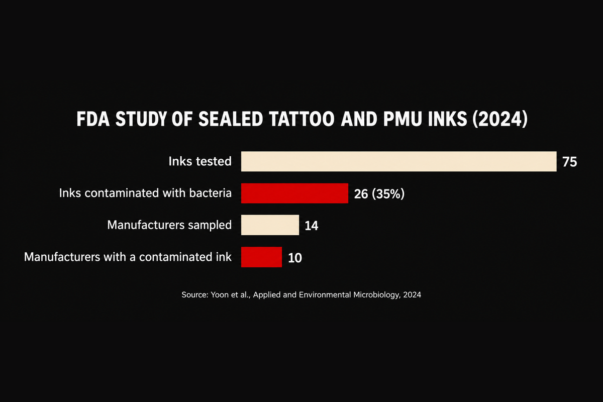 Bar chart of the 2024 FDA study of sealed tattoo and permanent makeup inks: 75 inks tested, 26 contaminated with bacteria (35%), 14 manufacturers sampled, 10 with at least one contaminated ink